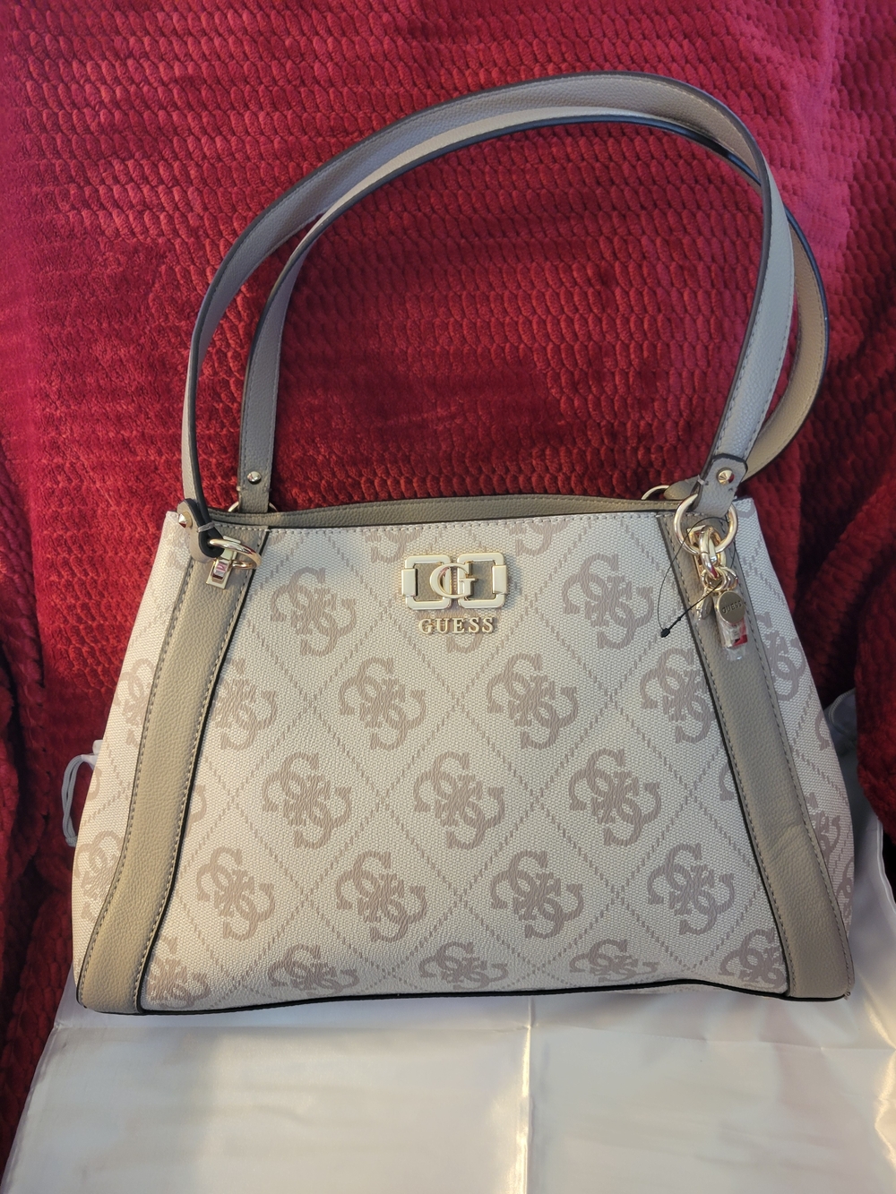 Guess Neutral Taupe And Cream Logo Monogram Shoulder Bag
